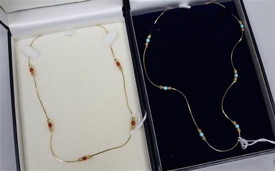 An 18ct gold and coral necklace and a similar 18ct gold and turquoise necklace.